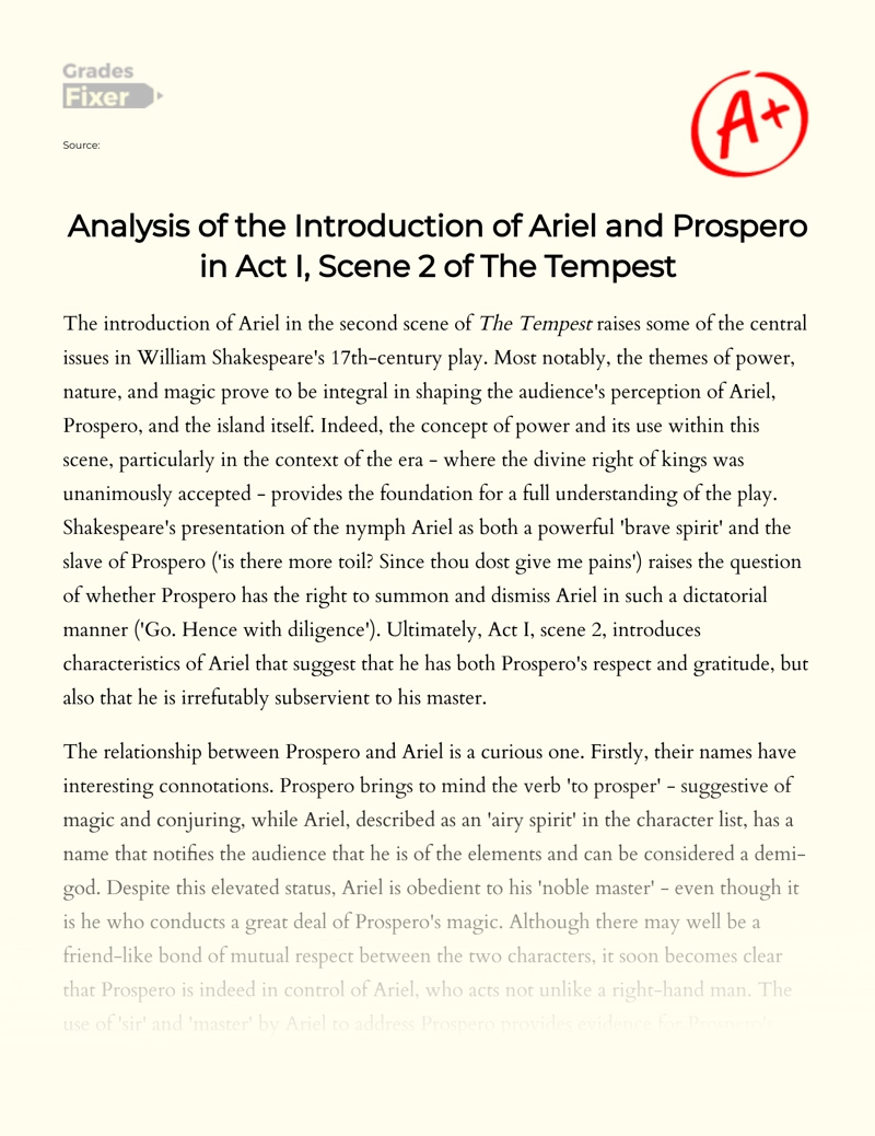 A Close Study of How Ariel and Prospero Are Introduced in The Scene 2 of The First Act in The Tempest essay