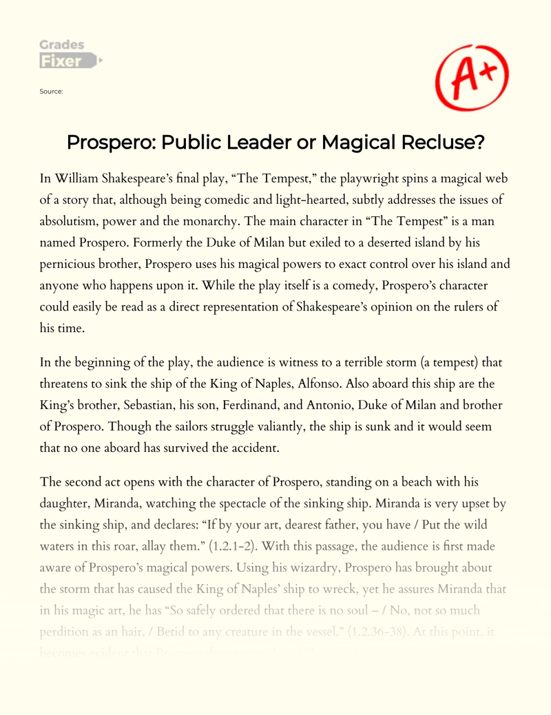 Analysis of Prospero as a Public Ruler Or Solitary Wizard in The Tempest Essay