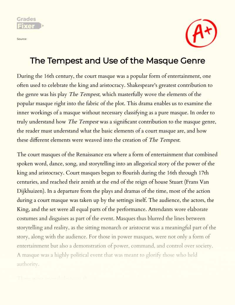 How Shakespeare Uses The Masque Genre in The Tempest essay