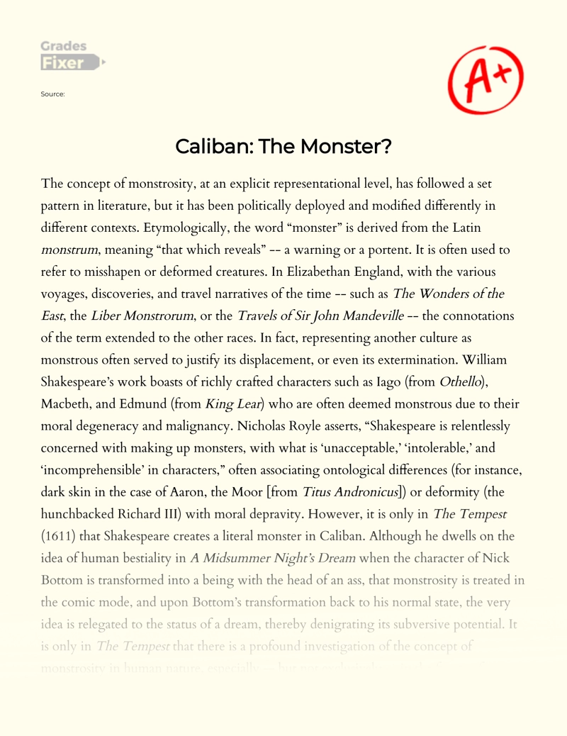 The Analysis of Monstrosity Concept in The Figure of Caliban essay