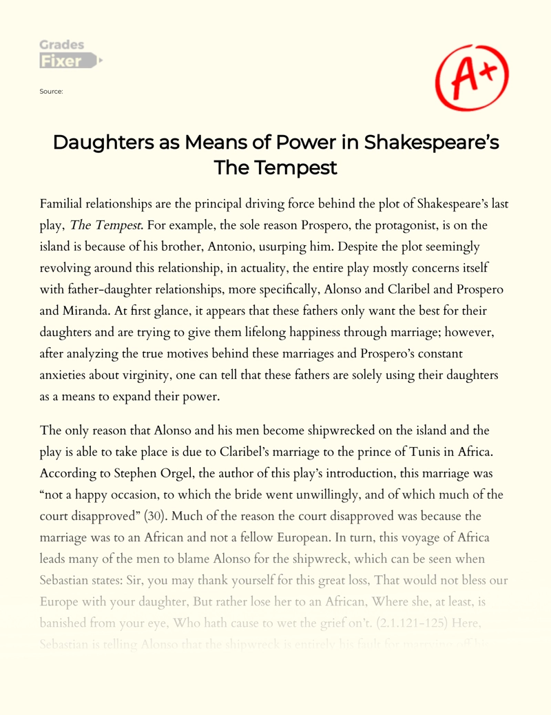 Daughters: The Principal Driving Force in The Tempest Essay