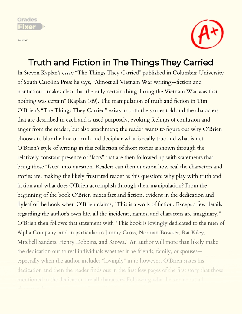 The Disposition of Truth and Fiction in O'brien’s "The Things They Carried" essay