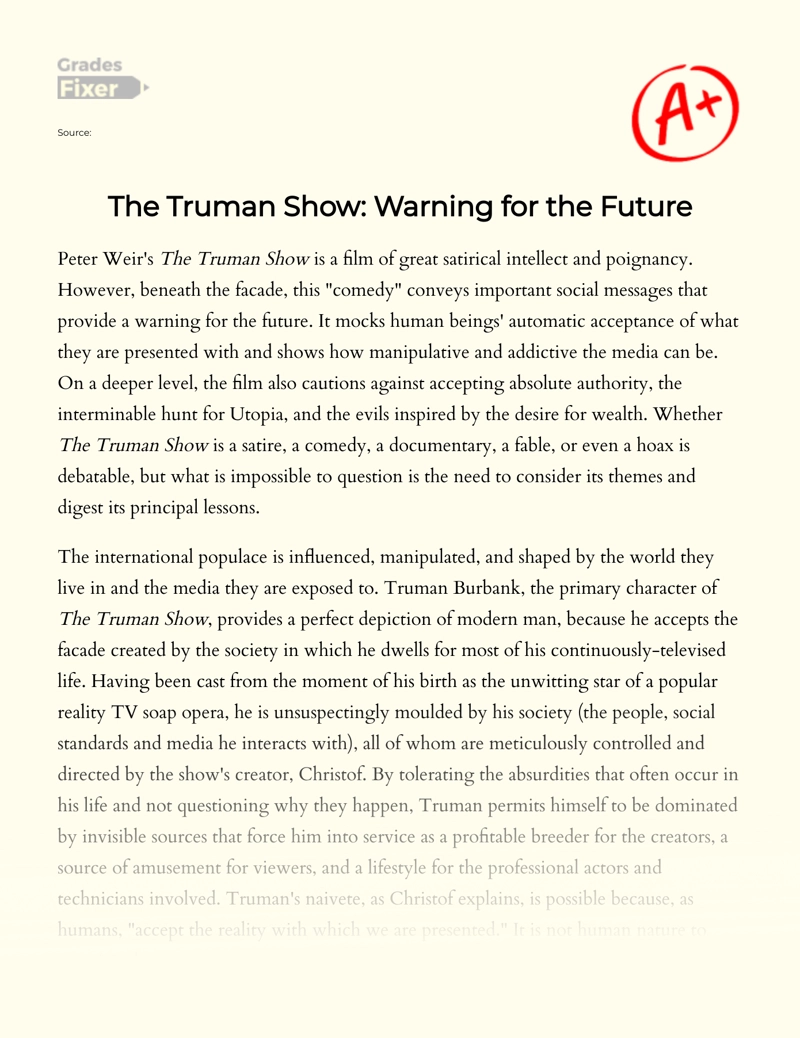 A Future's Warning in The Truman Show Essay