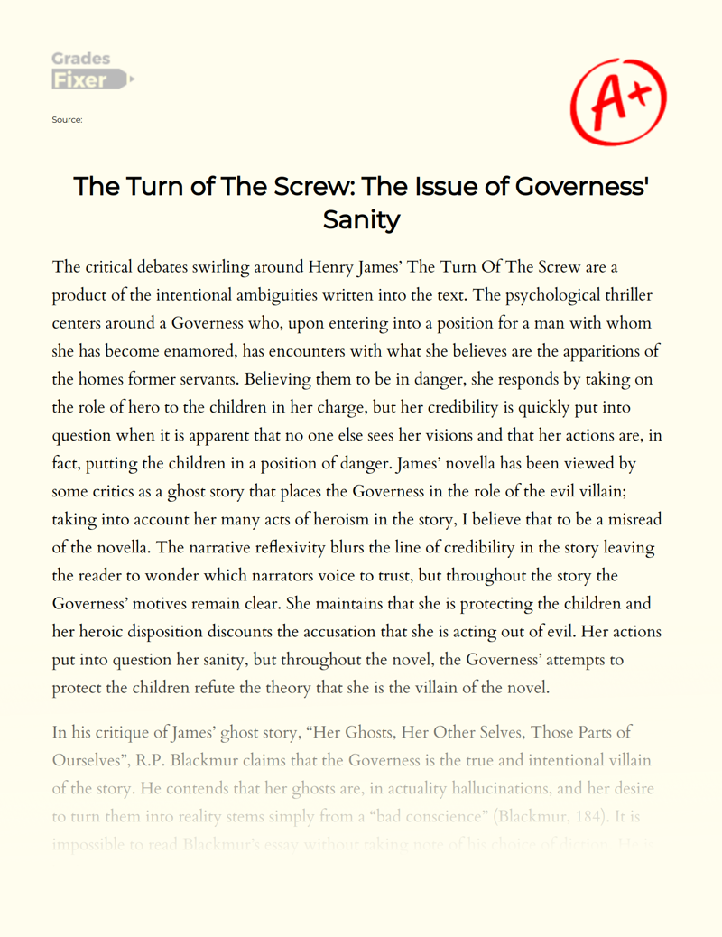 The Turn of The Screw: The Issue of Governess' Sanity Essay
