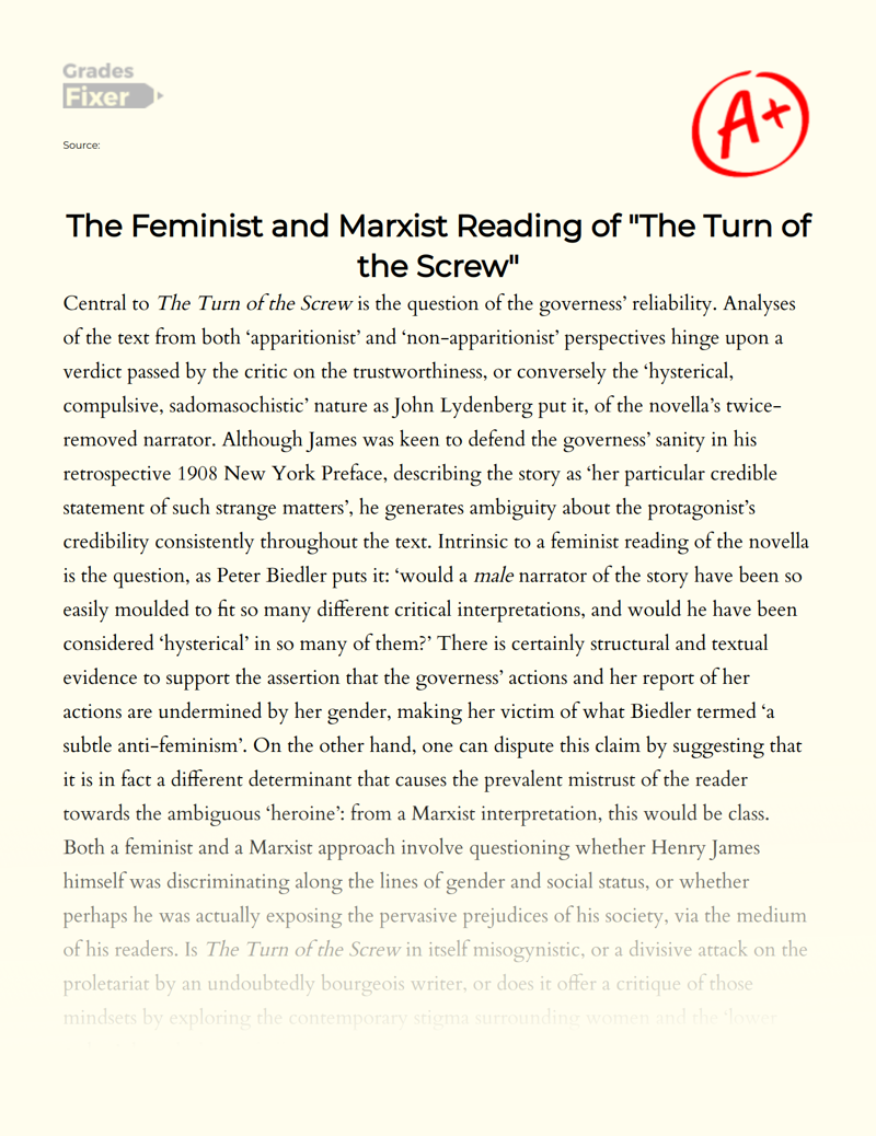 The Feminist and Marxist Reading of "The Turn of The Screw" Essay