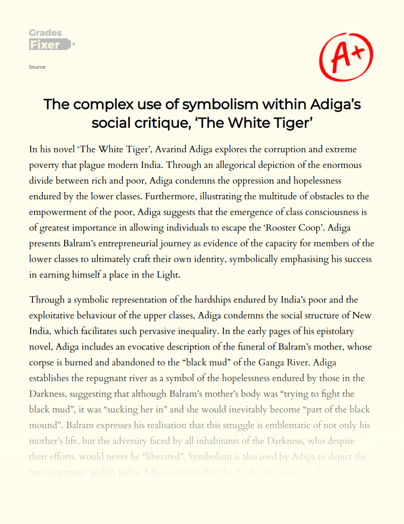 Adiga's Social Critic: The Complicated Metaphors in The White Tiger Essay