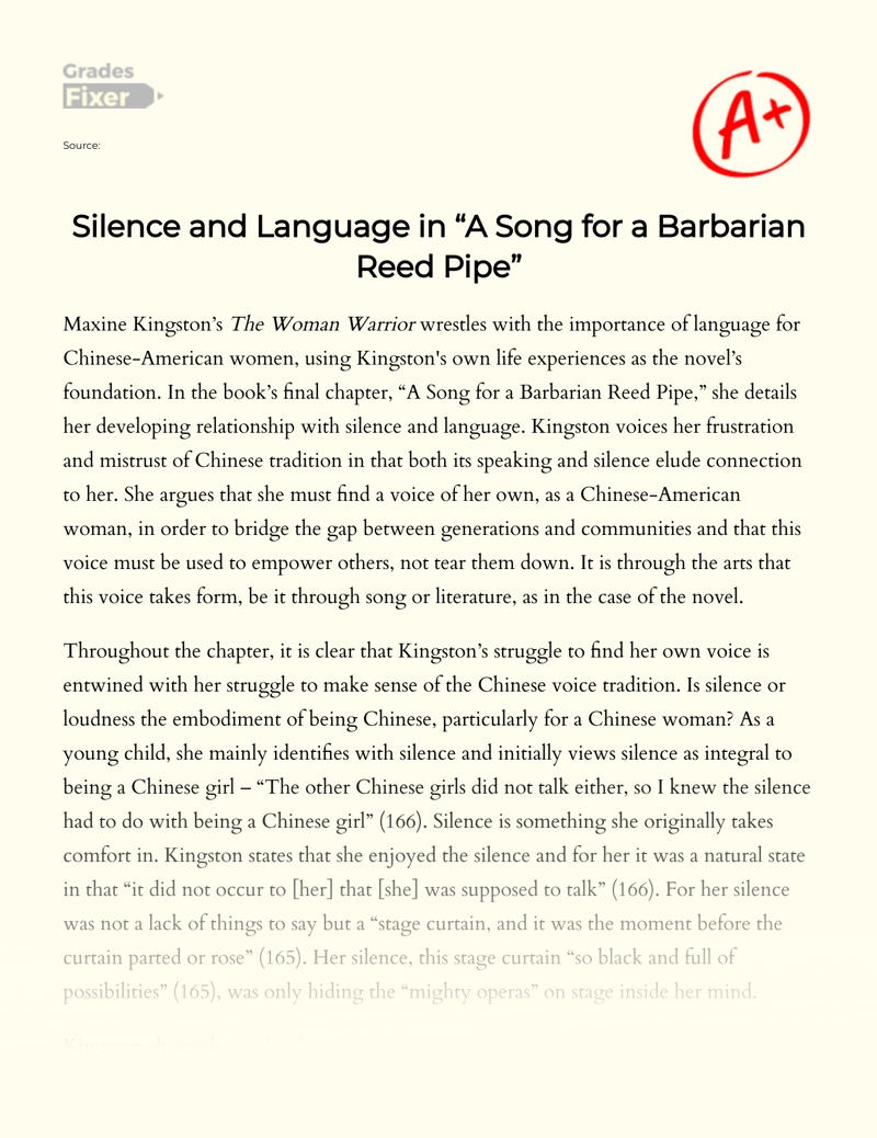 A Song for a Barbarian Reed Pipe: from Silence to Song Essay