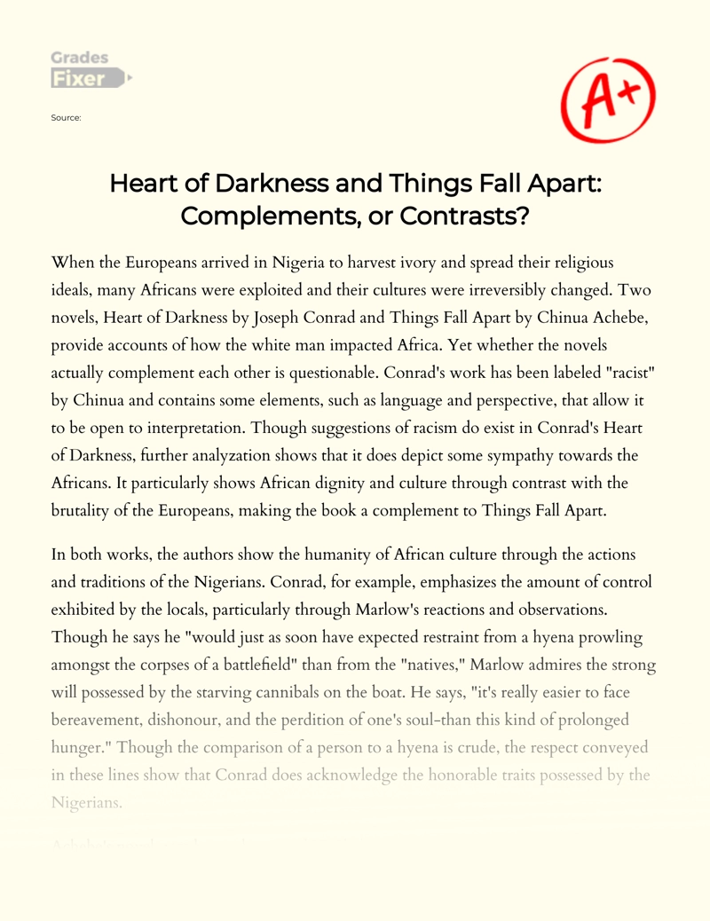 Comparative Analysis of "Heart of Darkness" Versus "Things Fall Apart" Essay