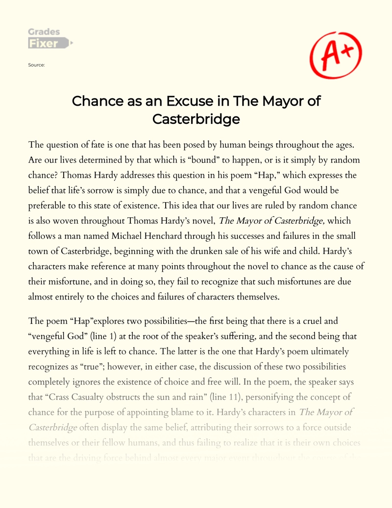 Fate and Coincidence in Thomas Hardy's The Mayor of Casterbridge Essay