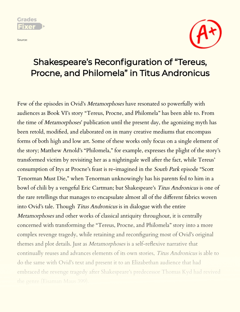 Reconfiguration of Characters in Titus Andronicus: Procne, Philomela, and Tereus Essay