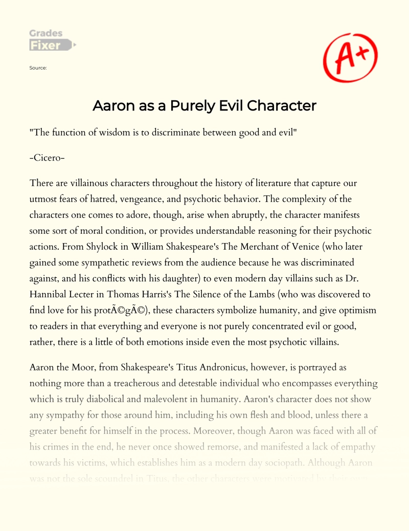 Aaron, The Villain in Shakespeare’s Titus Andronicus Essay