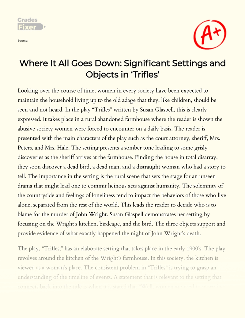 What Happened on The Night John Wright Died: Critical Objects and Settings in Trifles Essay