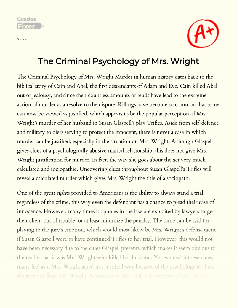 Trifles: Analysis of Mrs. Wright’s Criminal Psychology Essay