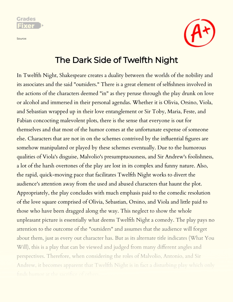 Dark and Upsetting Characters in Twelfth Night Essay