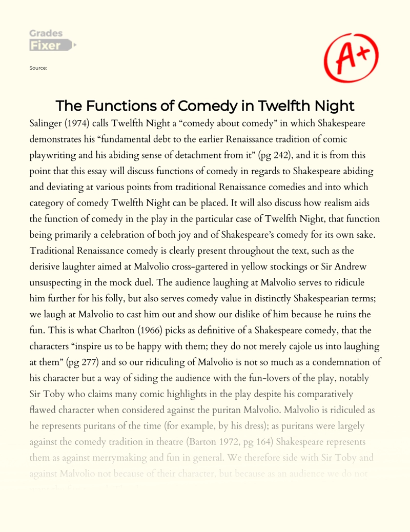 The Functions of Comedy in The Twelfth Night Essay