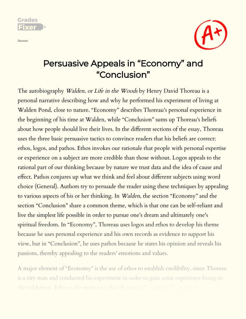 Persuasive Tactics David Thoreau Uses to Convince Readers in "Economy" and "Conclusion" Essay