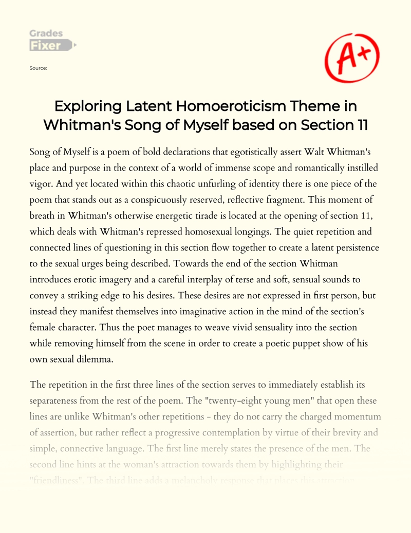 Exploring Latent Homoeroticism Theme in Whitman's Song of Myself Based on Section 11 Essay