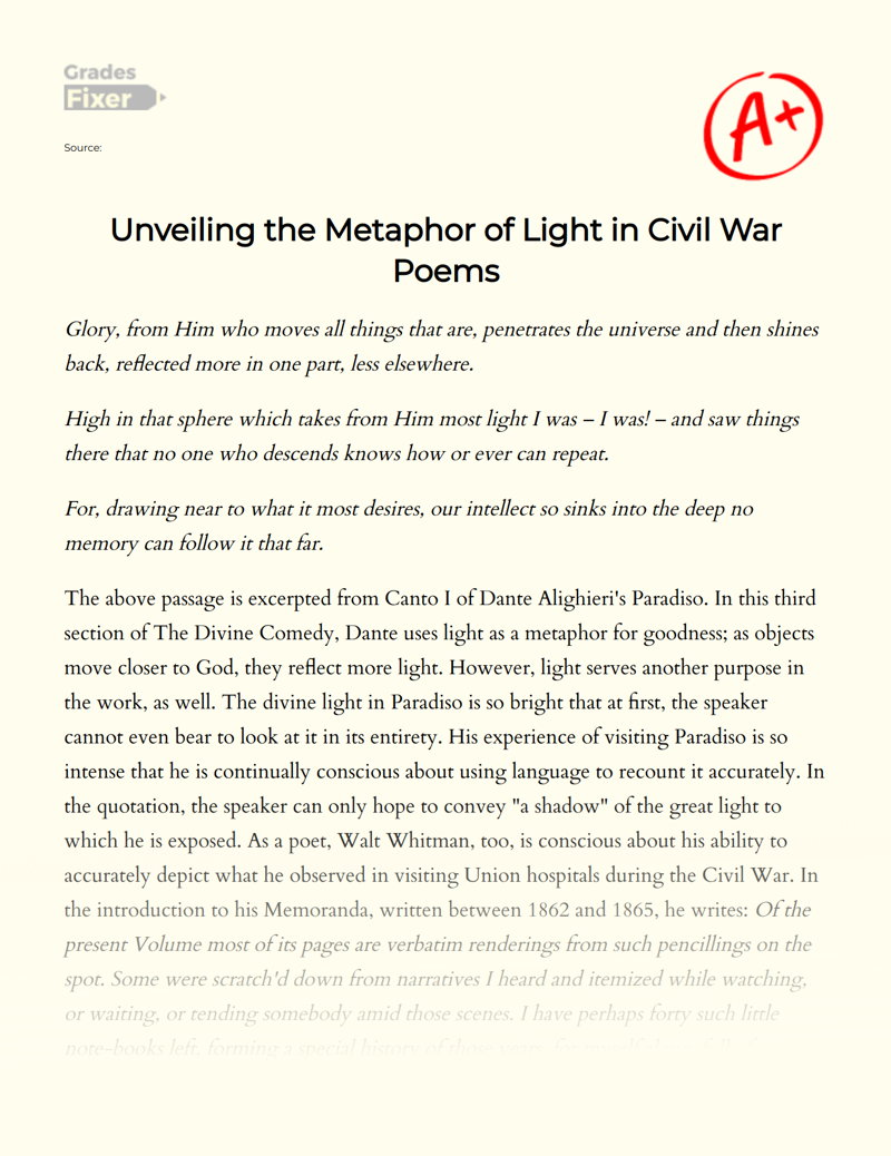 Whitman's Use of Dante's Metaphor of Light in His Civil War Poetry Essay