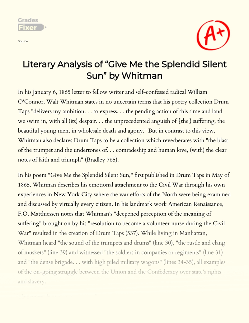 Literary Analysis of "Give Me The Splendid Silent Sun" by Walt Whitman Essay