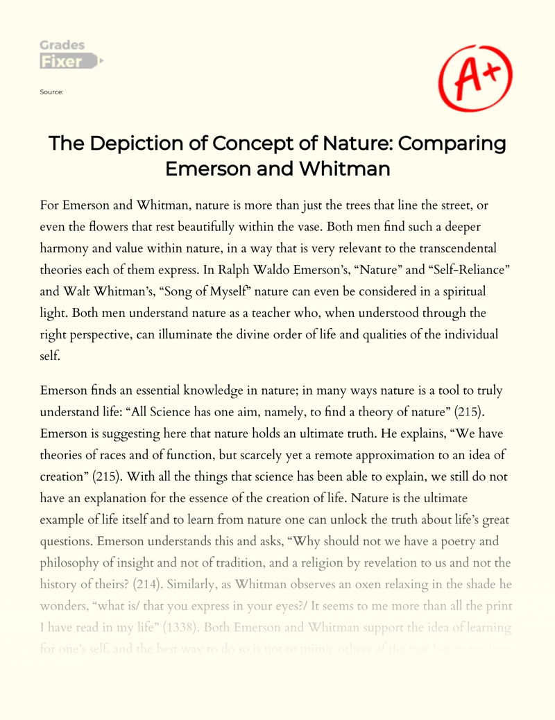 The Depiction of Concept of Nature: Comparing Emerson and Whitman Essay
