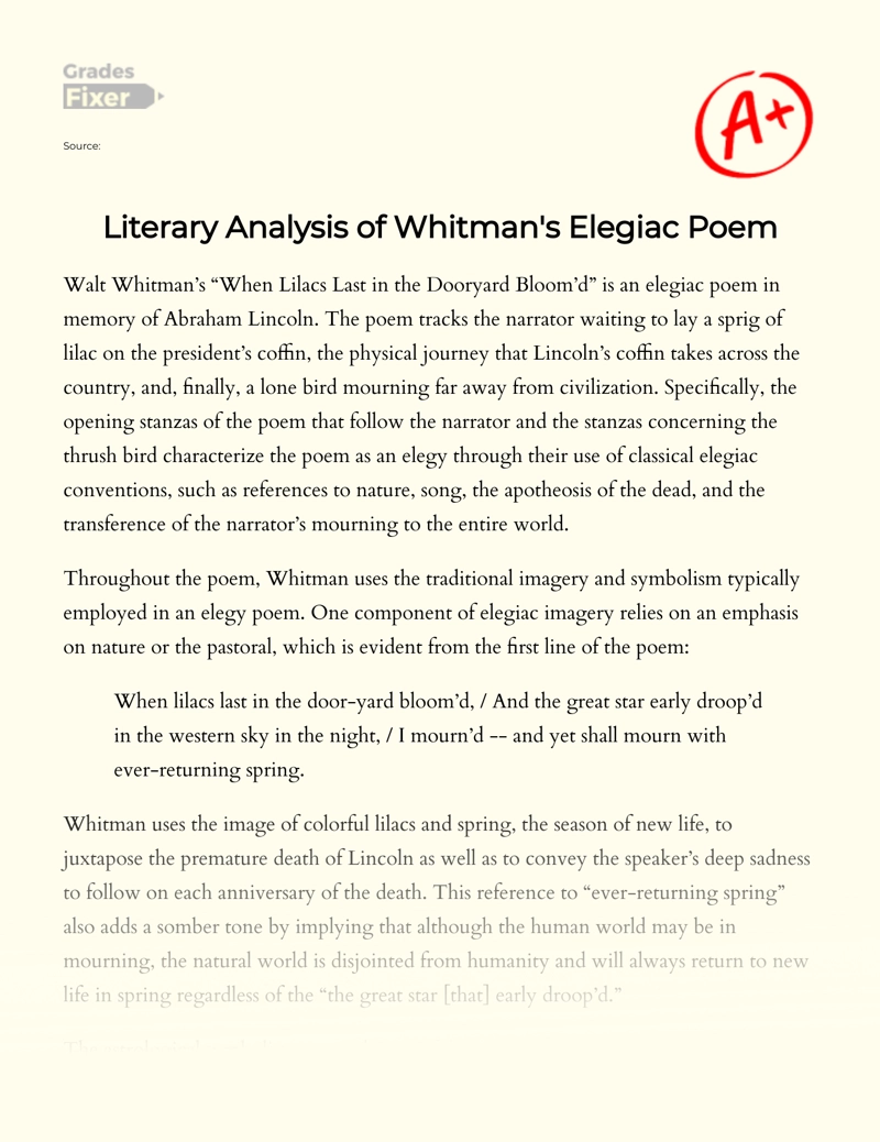 Literary Analysis of Whitman's Elegiac Poem Essay