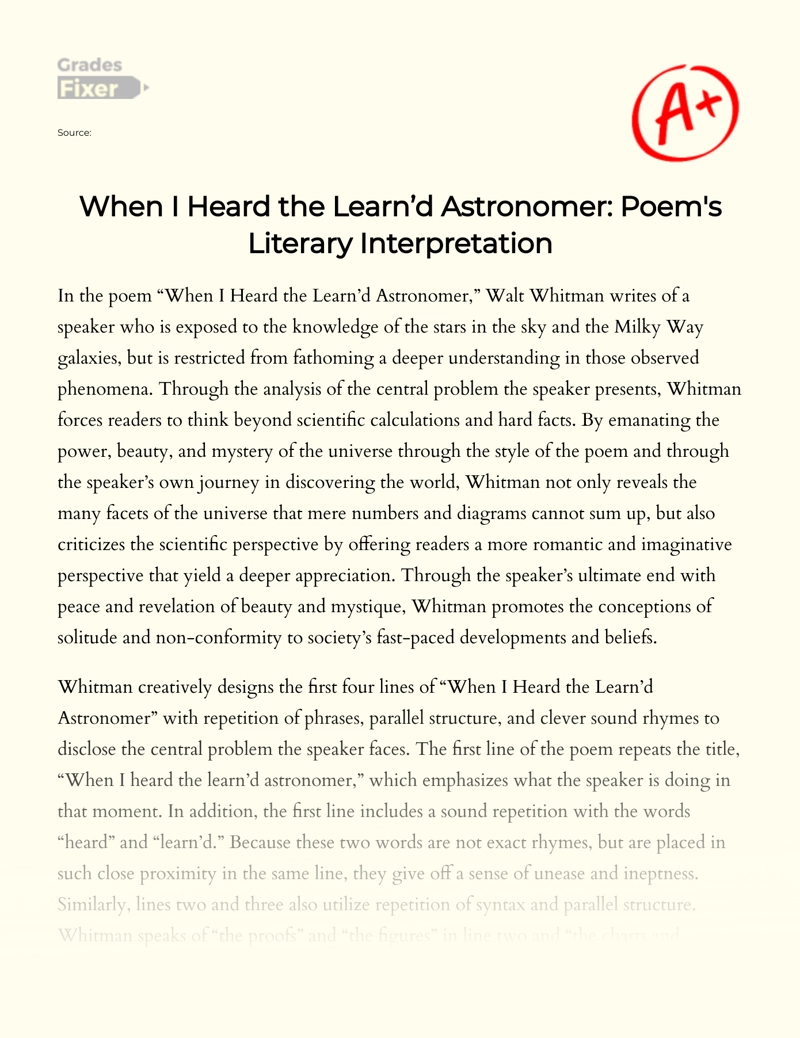 When I Heard The Learn’d Astronomer: Poem's Literary Interpretation Essay