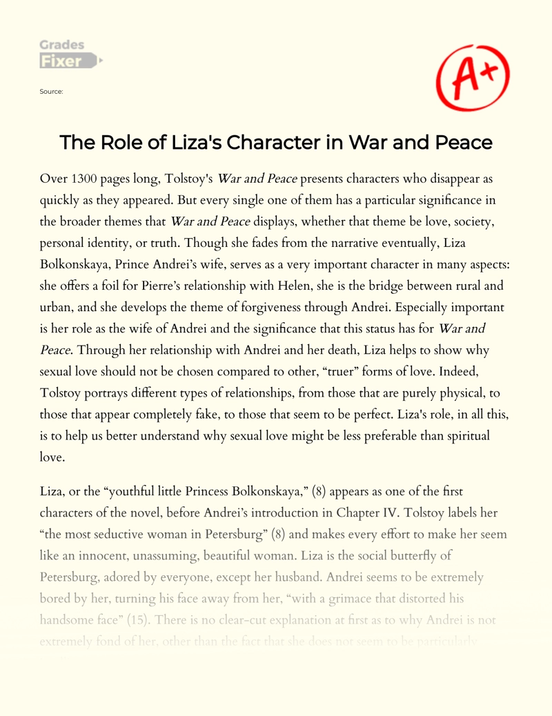 The Role of Liza's Character in War and Peace Essay