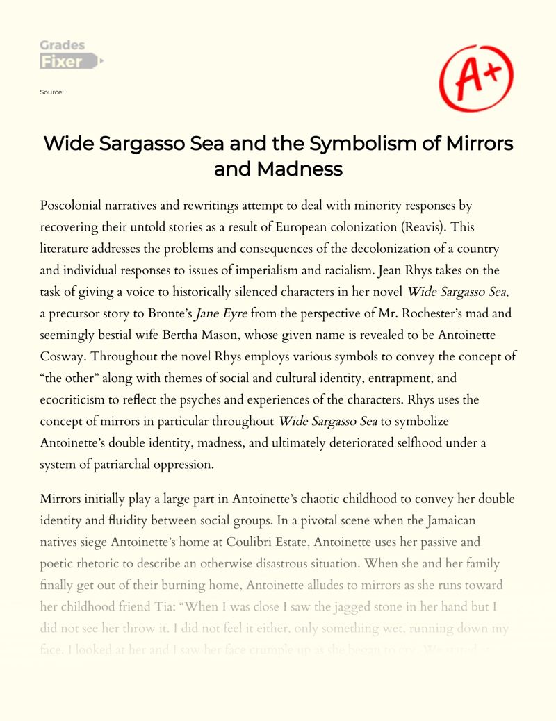 Wide Sargasso Sea and The Symbolism of Mirrors and Madness Essay