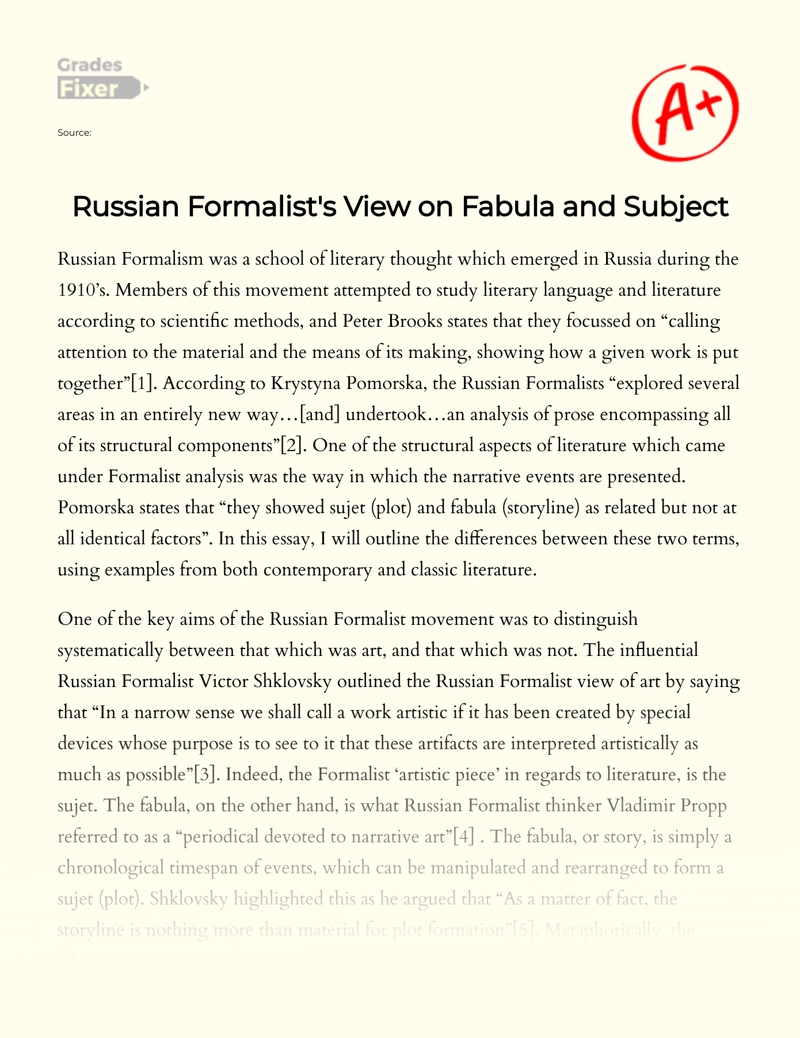 Russian Formalist's View on Fabula and Subject in Classic and Contemporary Literature  Essay