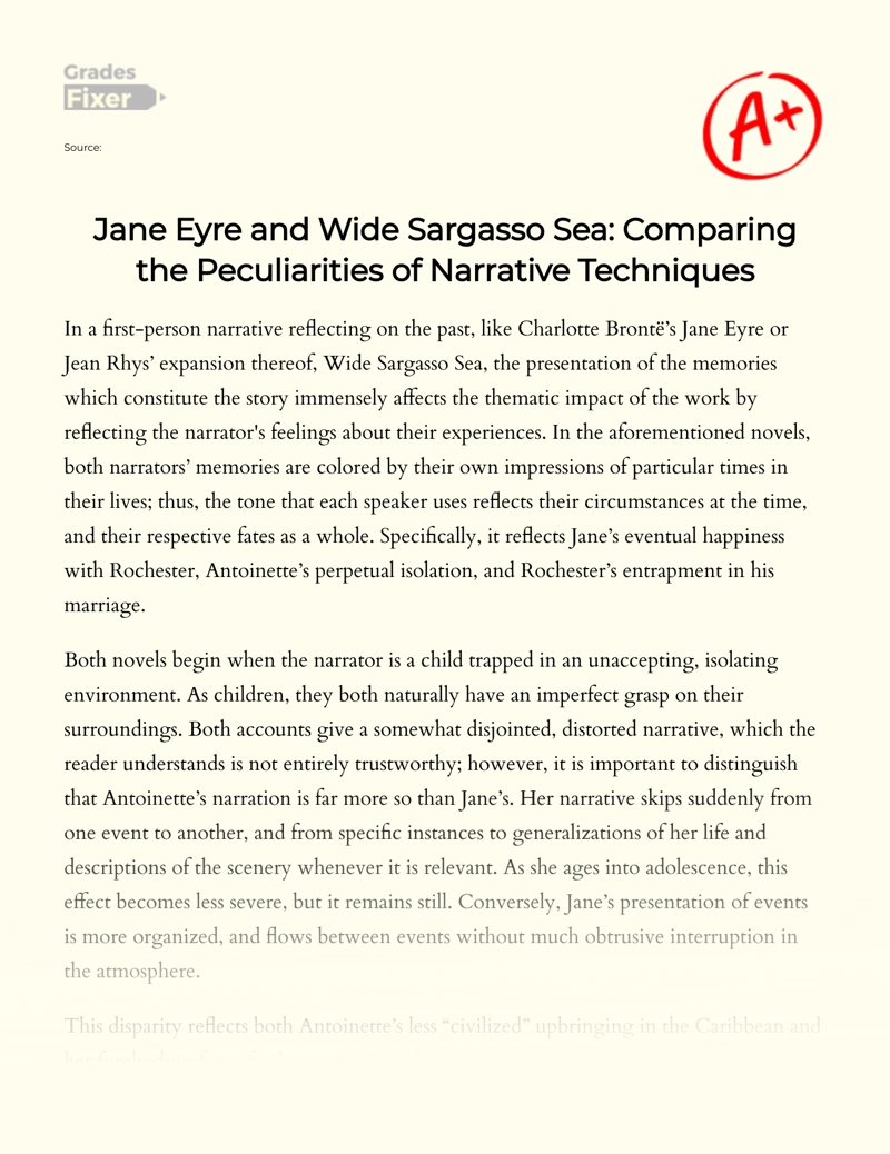 Jane Eyre and Wide Sargasso Sea: Comparing The Peculiarities of Narrative Techniques essay