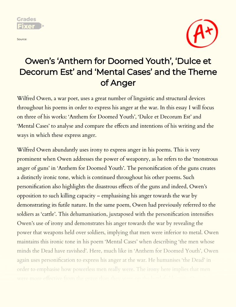 Analysis of Anthem for Doomed Youth, Wilfred Owen