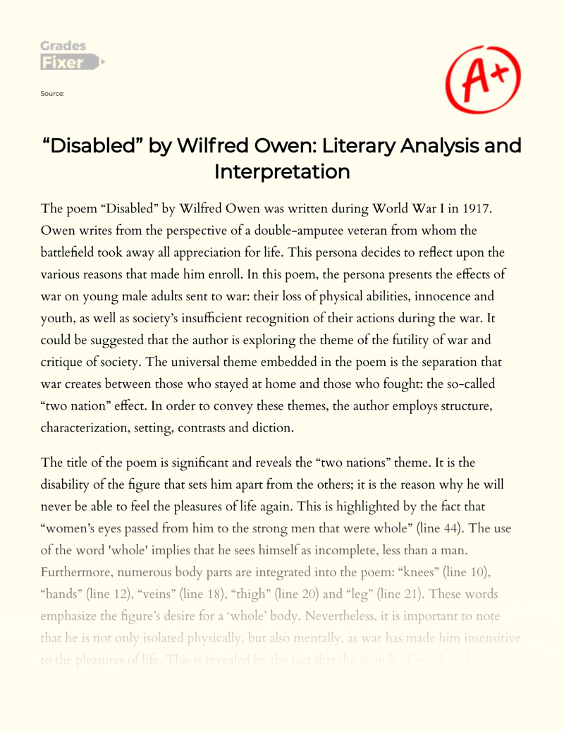 literary analysis of disabled by wilfred owen