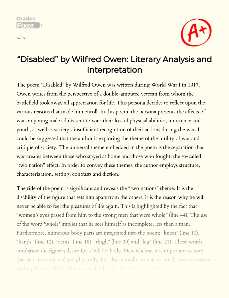 "Disabled" by Wilfred Owen: Literary Analysis and Interpretation Essay