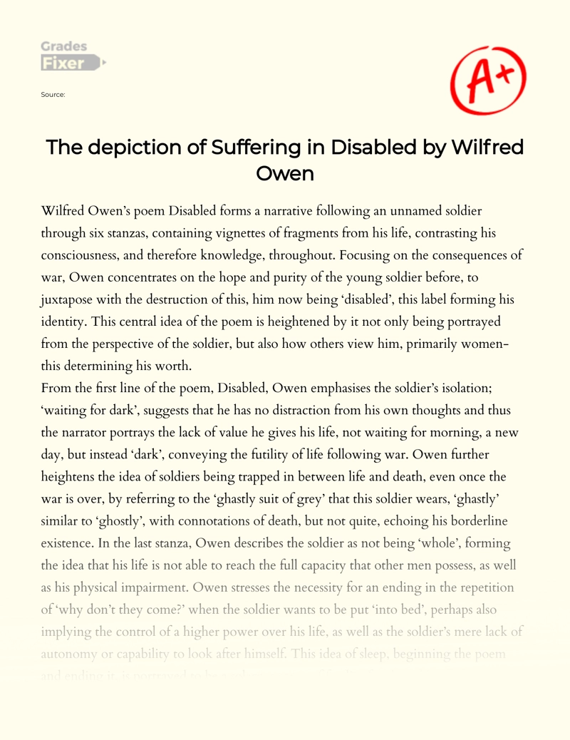 The Depiction of Suffering in Disabled by Wilfred Owen Essay