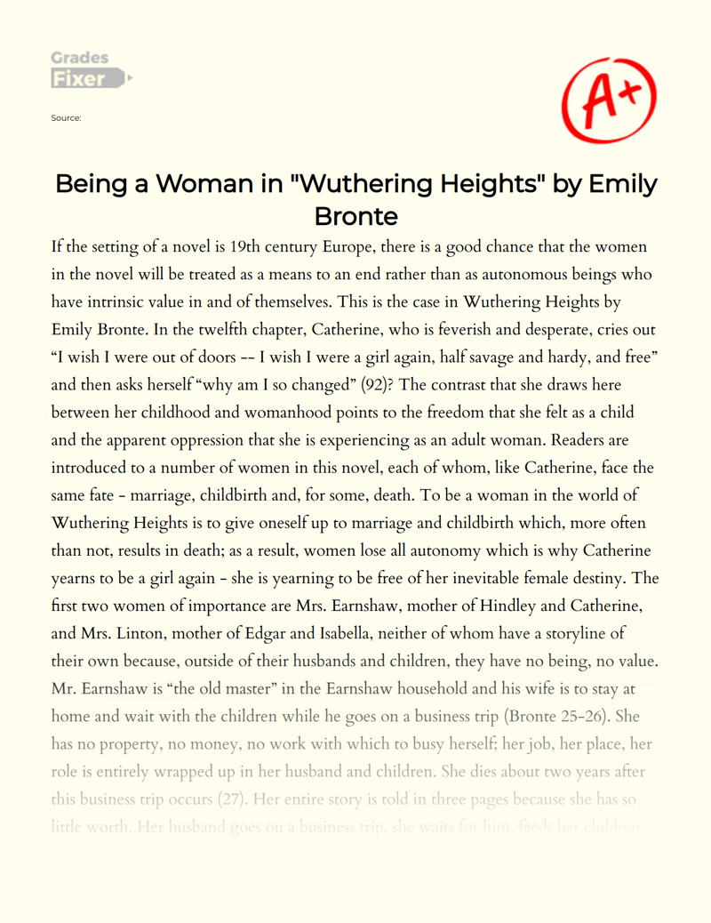 Being a Woman in "Wuthering Heights" by Emily Bronte Essay