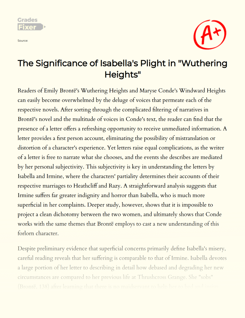 The Significance of Isabella's Plight in "Wuthering Heights" Essay