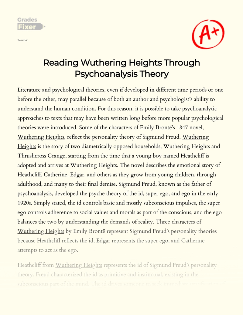 Analysis of Wuthering Heights Through Freud’s Personality Theory Essay