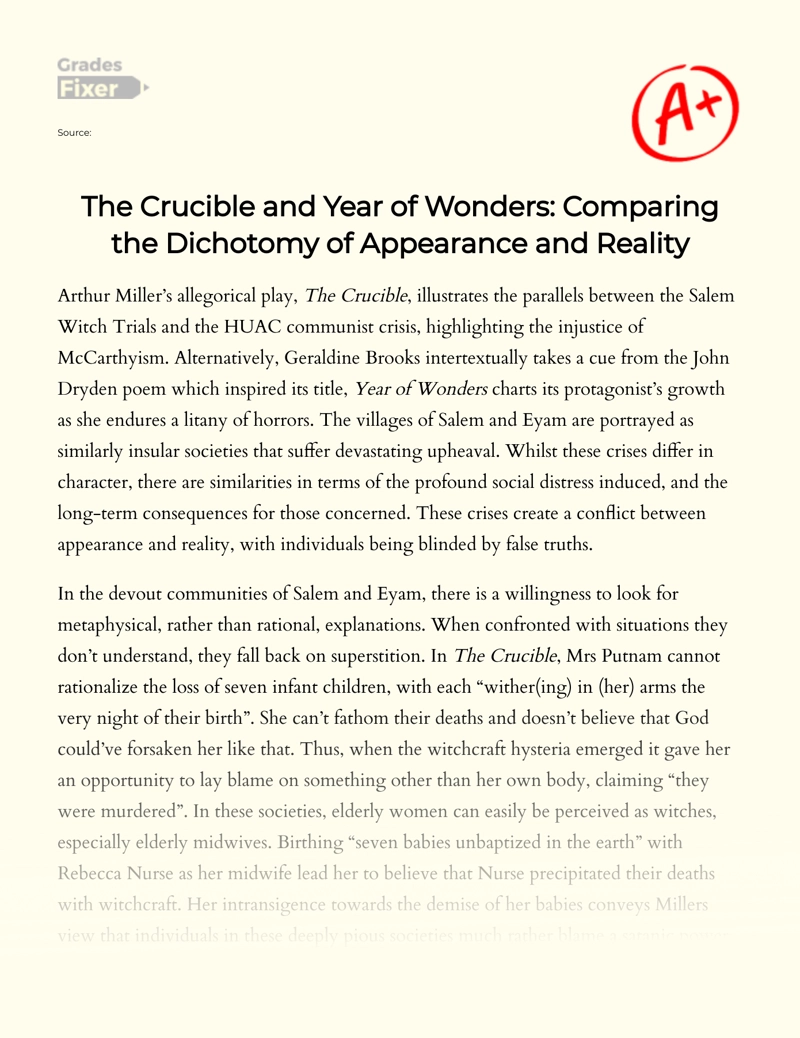 The Dichotomy of Appearance and Reality in "The Crucible" and "Year of Wonders" Essay