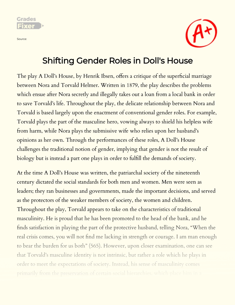 Shifting Gender Roles in a Doll's House Essay