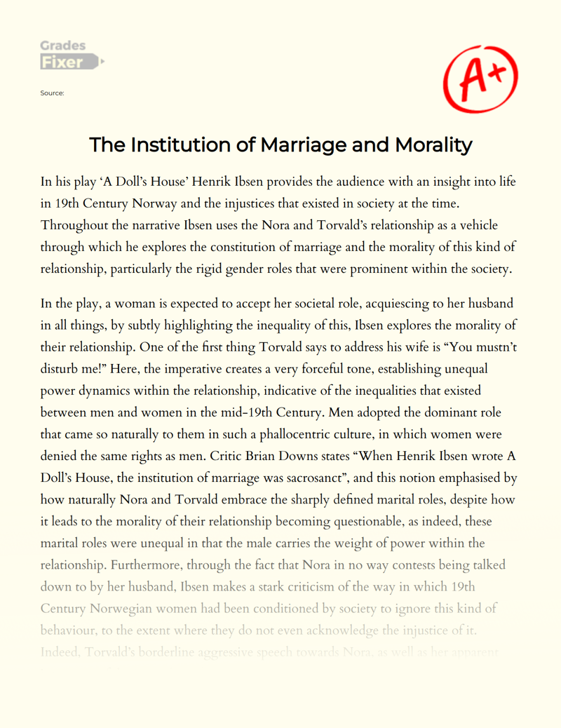 Marriage and Morality in a Doll's House Essay