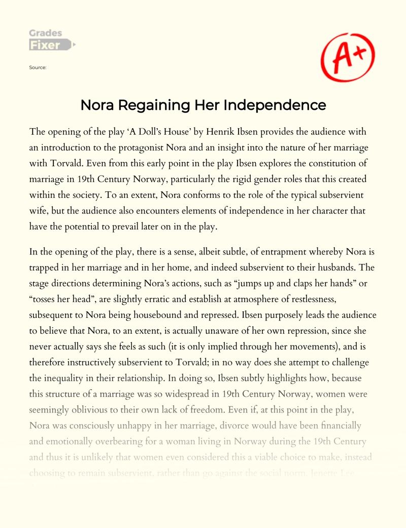 Nora Regaining Her Independence essay