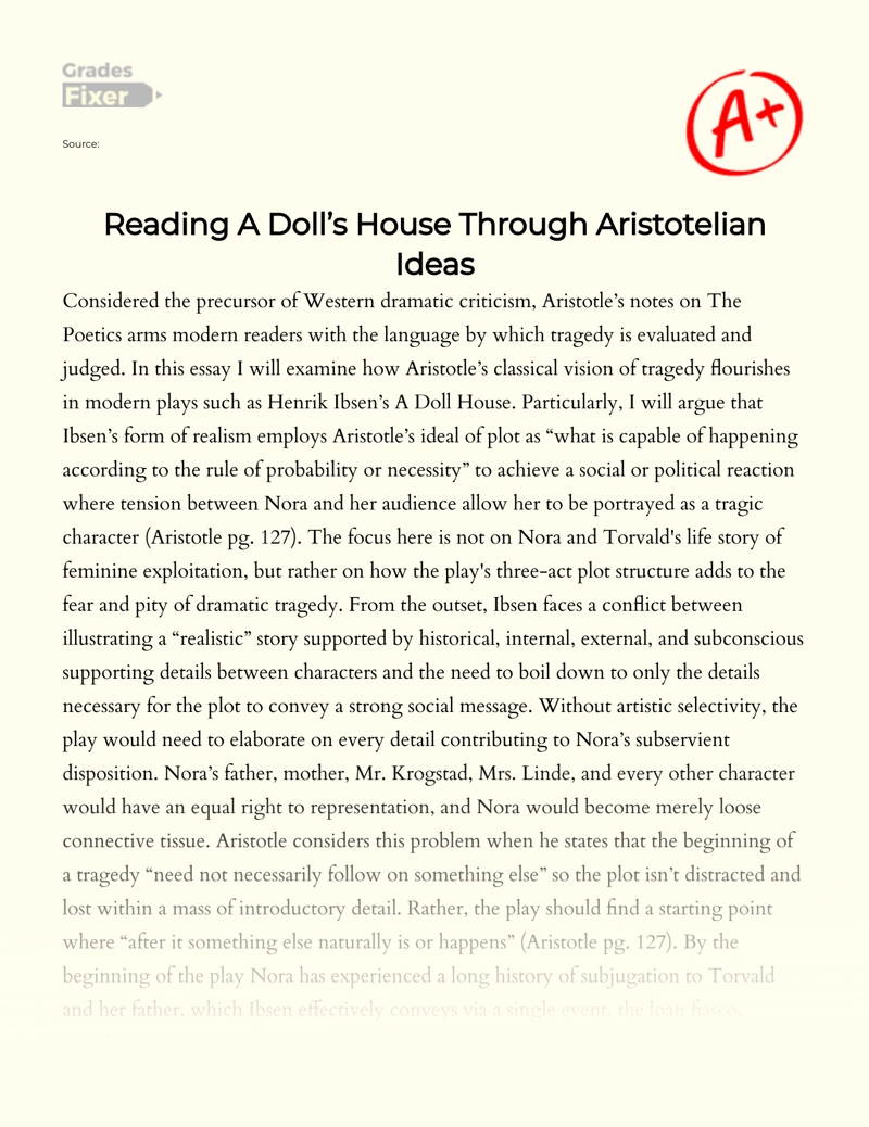 Reading a Doll’s House Through Aristotelian Ideas essay