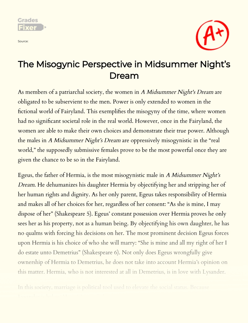 A Midsummer Night’s Dream: Gender Roles and Misogyny Essay