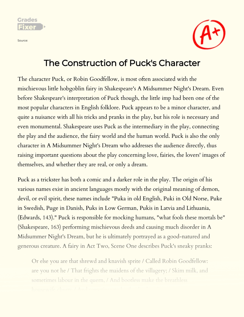 The Construction of Puck's Character in a Midsummer Night's Dream Essay