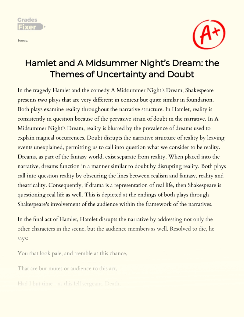 Hamlet and a Midsummer Night’s Dream: The Themes of Uncertainty and Doubt Essay