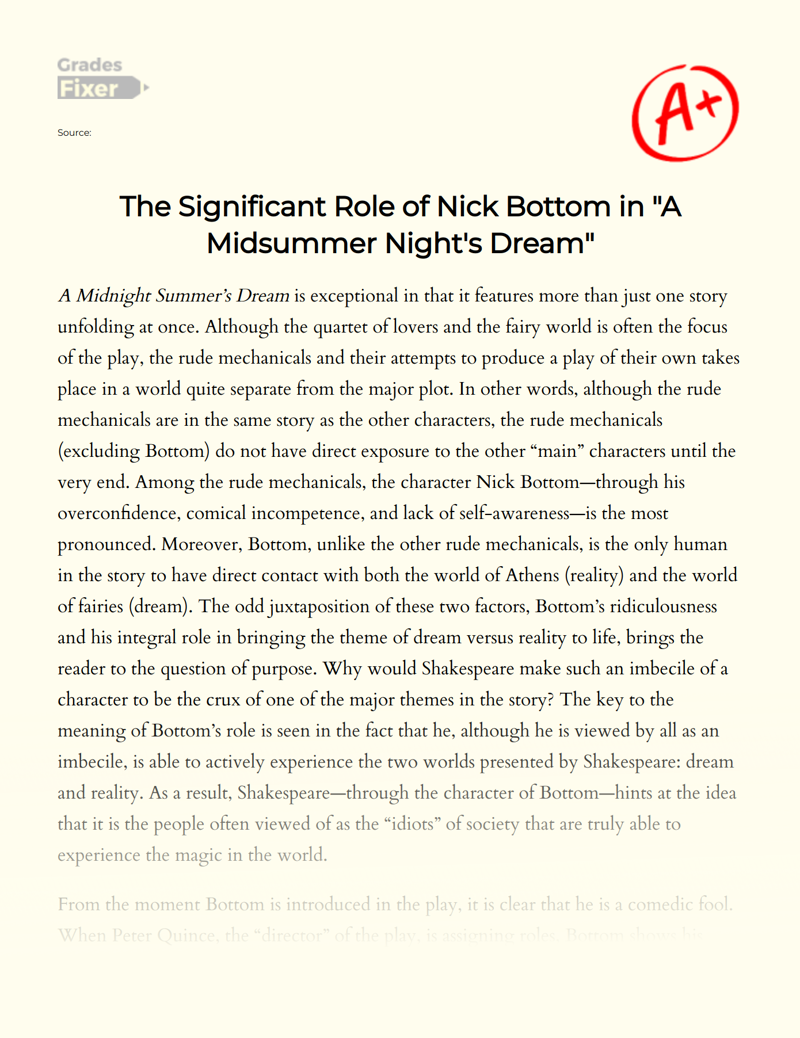 The Significant Role of Nick Bottom in "A Midsummer Night's Dream" Essay