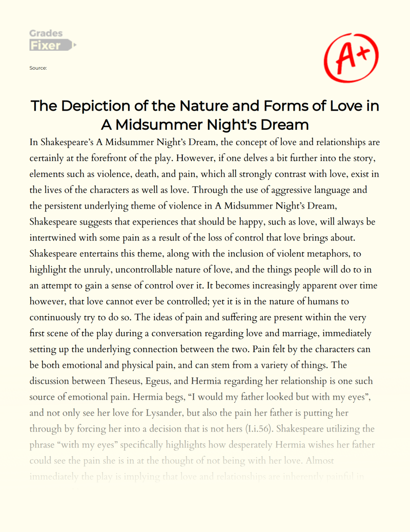 The Depiction of The Nature and Forms of Love in a Midsummer Night's Dream Essay