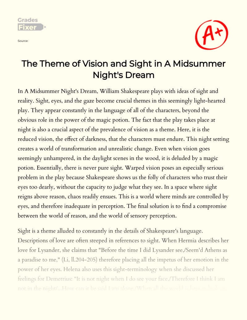 The Theme of Vision and Sight in a Midsummer Night's Dream Essay