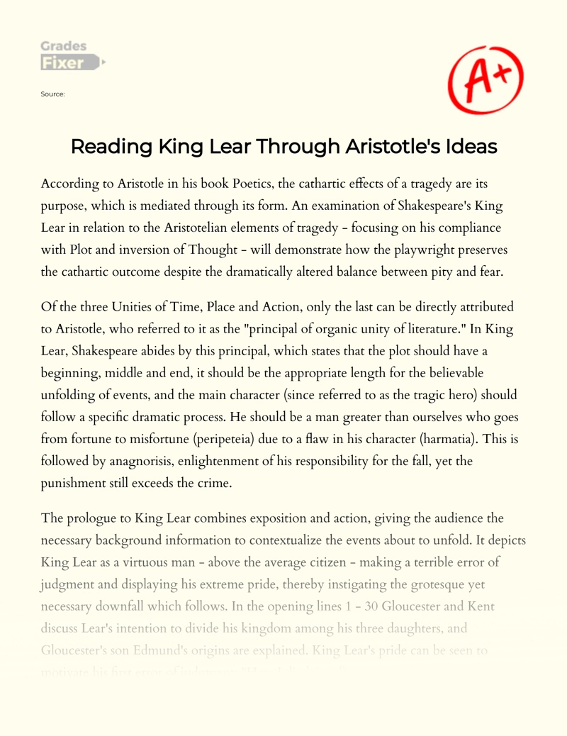 Analysis of King Lear in Terms of Aristotelian Tragedy Essay