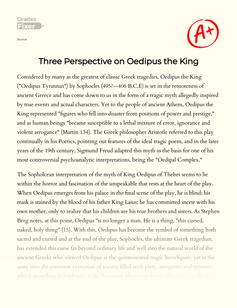 Interpretation of Oedipus The King Through Aristotelian, Sophoclean, and Freudian Perspectives Essay